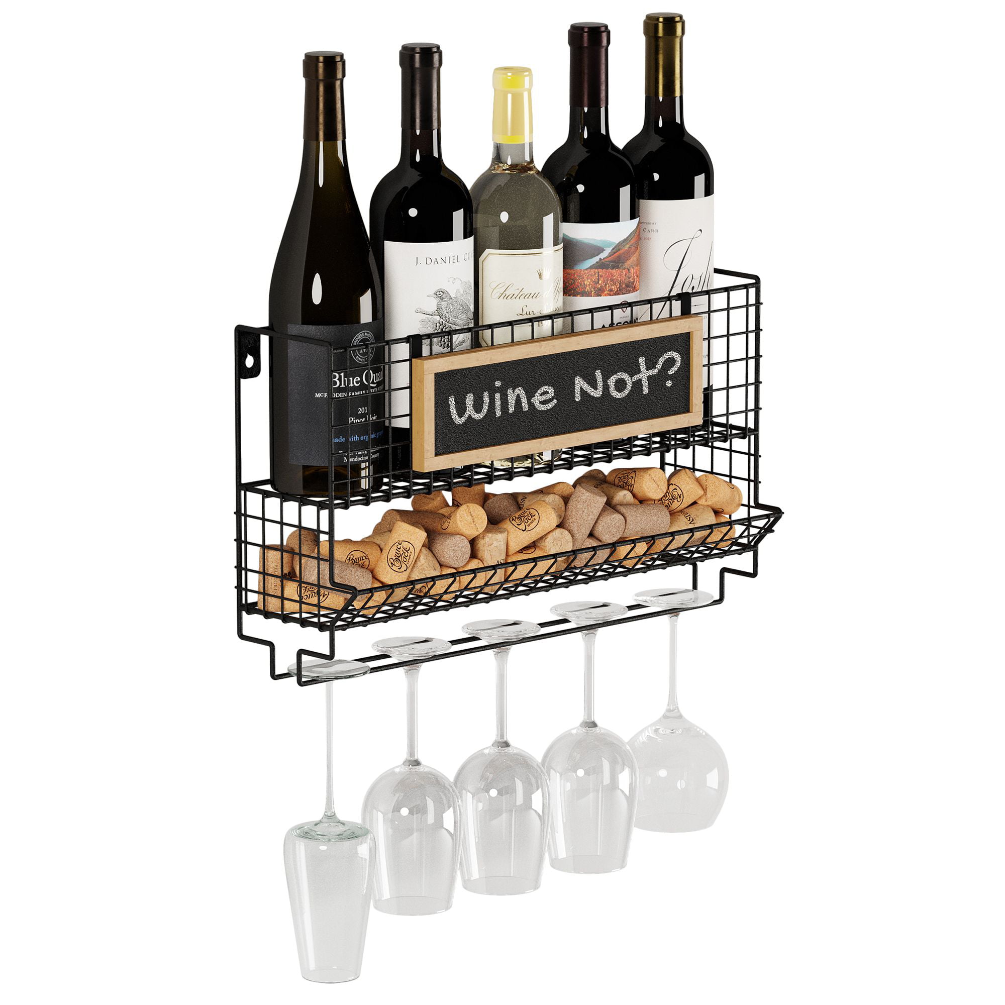 Cafe Black Metal Wall Mounted Wine Bottle Rack Hanging Wine Glass Holder Champagne Glass Holder Storage for Home Bar 