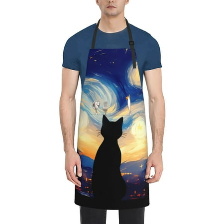 

Xecao Cat Under Starry Skies Print Kitchen Cooking Aprons Waterproof Adjustable Bib Aprons with 2 Pockets for Women Men Chef