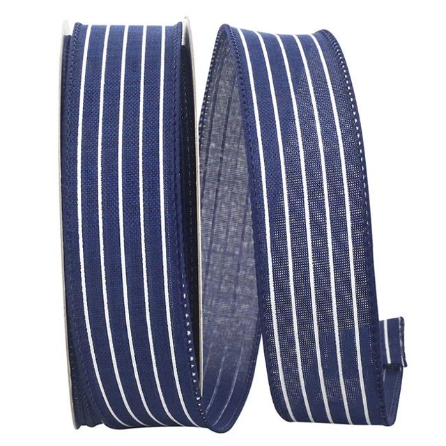 Reliant Ribbon 93405W-055-09H 10.5 in. 20 Yards Thin Stripe Linen Solid Wired Edge Ribbon, Navy