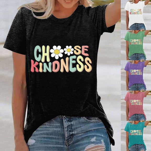Trendfront Womens Choose Kindness T Shirts Crewneck Graphic Casual Short Sleeve Loose Fit Tops Trendy Fashion Tee Pullover Daily Outfits