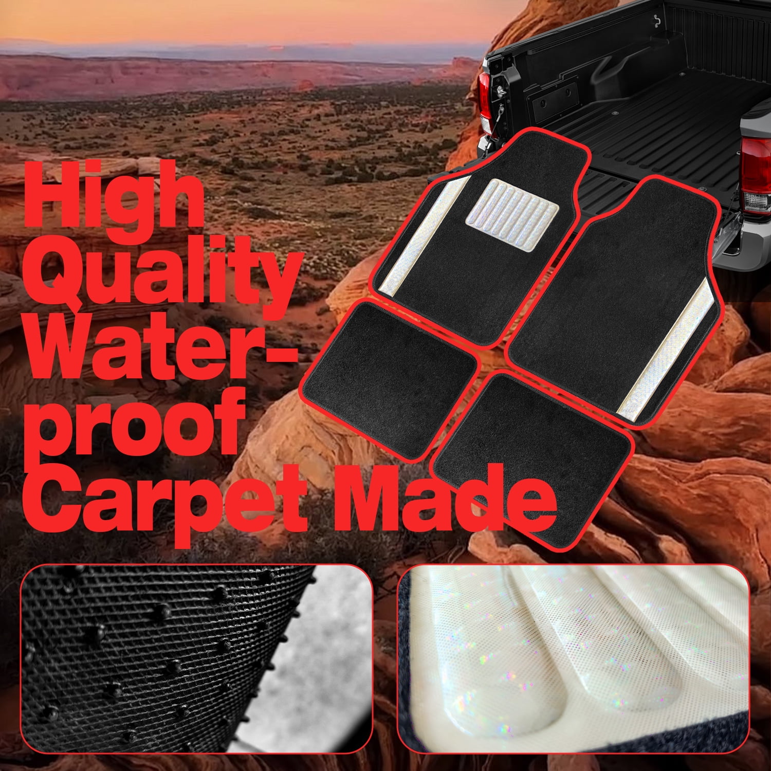 4 Pcs Bling Car Floor Mats with White Diamond Crystal, Universal Fit Carpet Liners for Women Girls, Non-Slip Waterproof (Black + White Diamond Crystal)