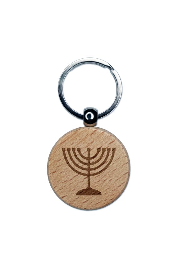 Menorah Hanukkah Round Keychain Charm Tag - Engraved Wood