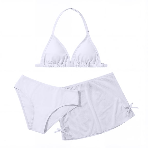 Girls Swimsuits with Cover Up Skirt 3 Piece Halter Triangle Bathing Suits Bikini Set for Size 5-13