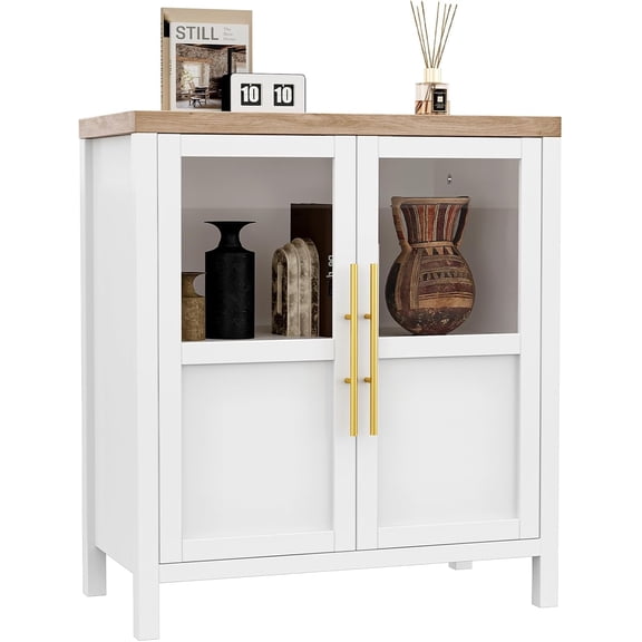 Hetoy Sideboard Buffet Cabinet with 2 Glass Doors Compact Wood Grain Storage for Kitchen Dining, White