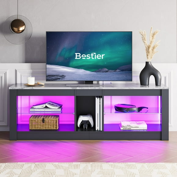 Bestier RGB Support de Télévision pour Téléviseurs jusqu'à 60" avec Lumières LED Centre de Divertissement Marbre Blanc