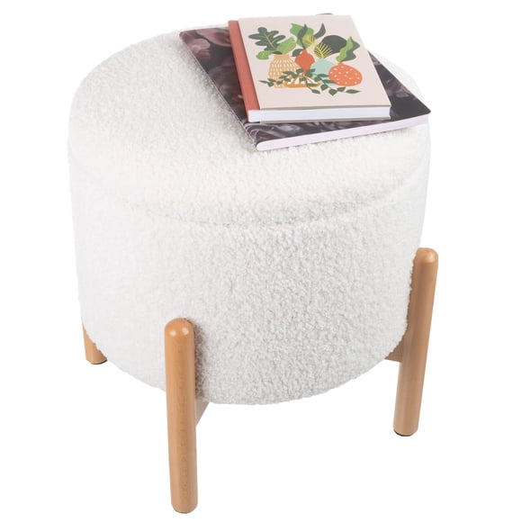 Lavish Home Storage otomano – Reposapiés redondo Sherpa o organizador de almacenamiento con parte superior extraíble para sala de estar, dormitorio o apartamento (blanco)