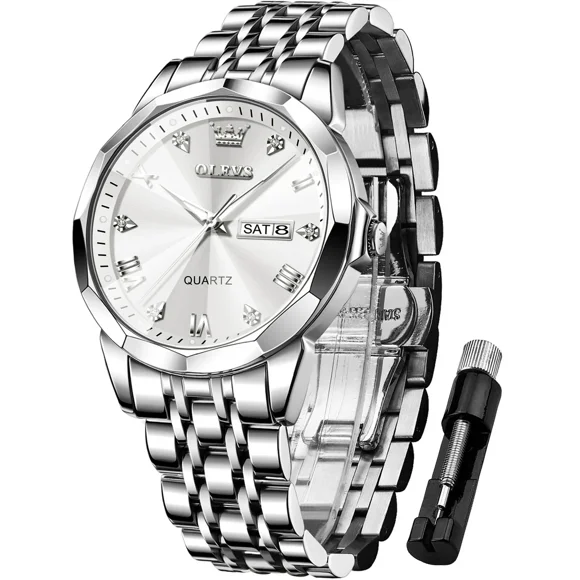 OLEVS Montre pour Hommes Diamant Affaires Habillée Analogique Quartz Acier Inoxydable Étanche Lumineuse Date Bicolore Luxe Décontractée Montre-Bracelet