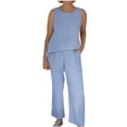 thumbnail image 2 of Idoravan Women Sets Clothing 2PC Fashion Womens Round Neck Solid Sleeveless Blouse +Loose Pockets Pants Sets, 2 of 8