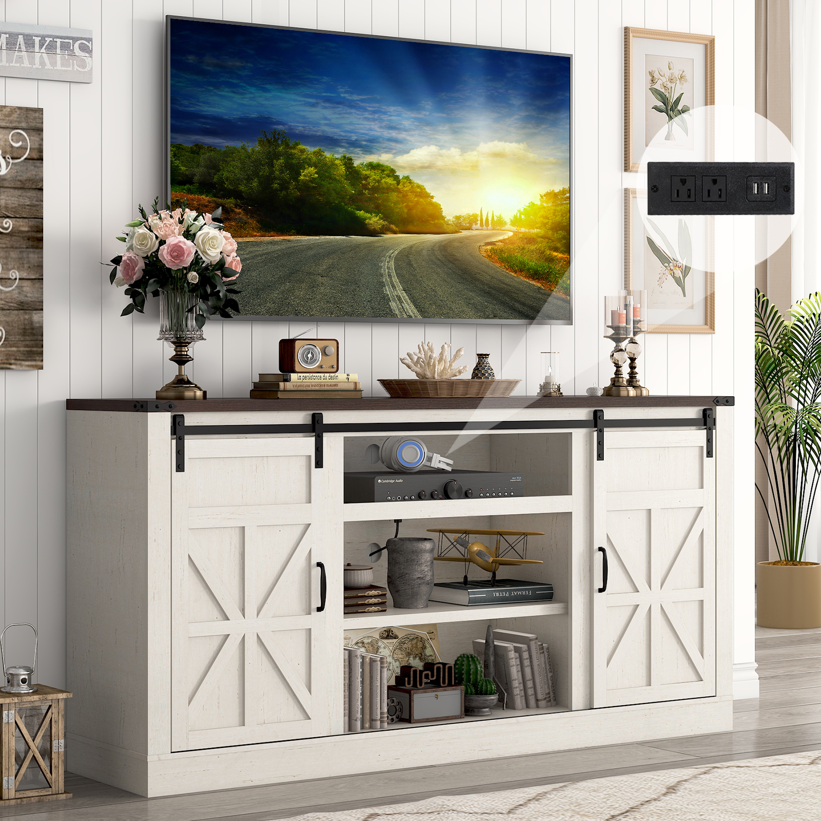 Chvans 66" Farmhouse TV Stand with Sliding Barn Doors & Charging, White photo 1