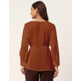 thumbnail image 3 of Moomaya Solid Cinched Waist Top, V-Neck Front Slit Buttoned Georgette Top, 3 of 8