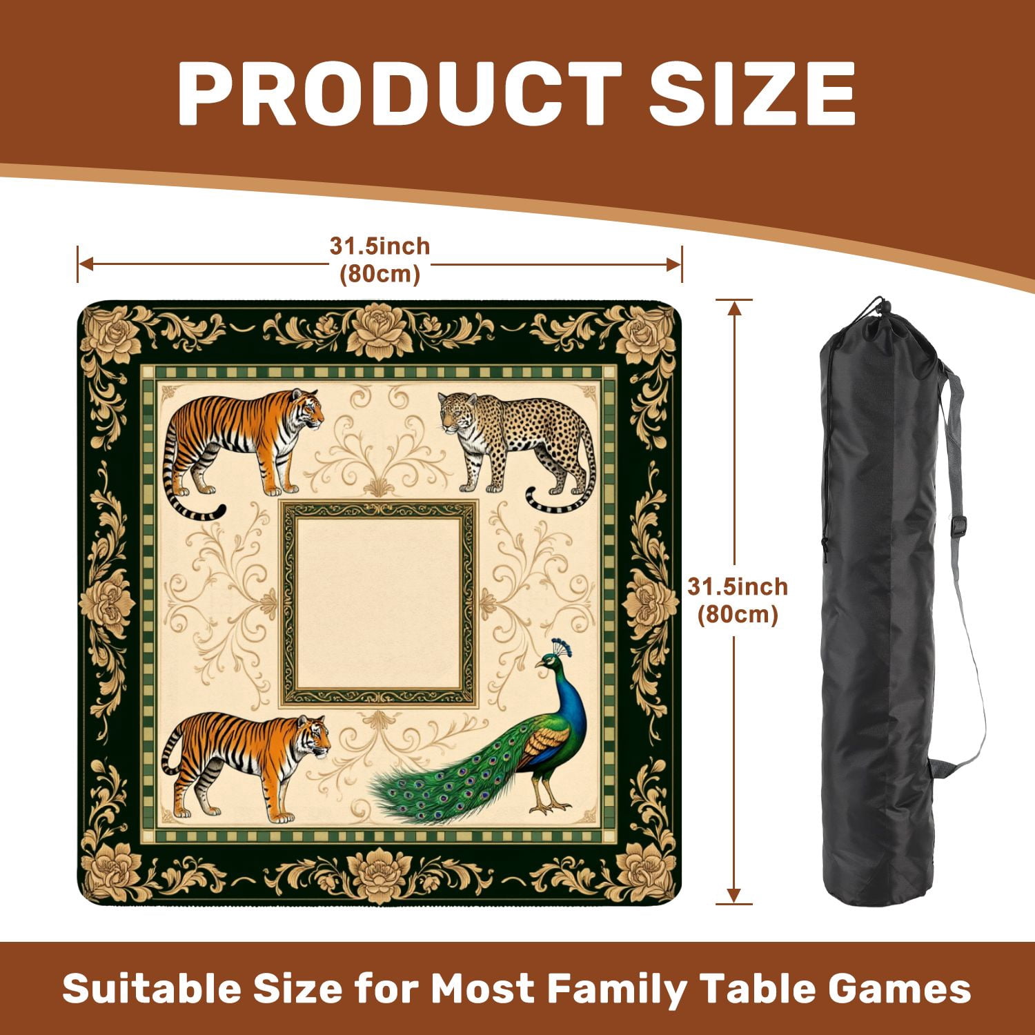 Mahjong Mat 31.5" x 31.5" Exotic Animal Tigers Leopard Peacock Ornate Floral Frame Non-Slip Noise Reduction American Mahjong Tiles Table Cover for Dominoes Poker Card Board Games Gift
