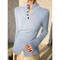 thumbnail image 3 of Women'S Knit Basic Sweater Elegant Stand Collar Button Slim Fit - Slit Long Sleeve Pullover Tops Light Blue M, 3 of 5