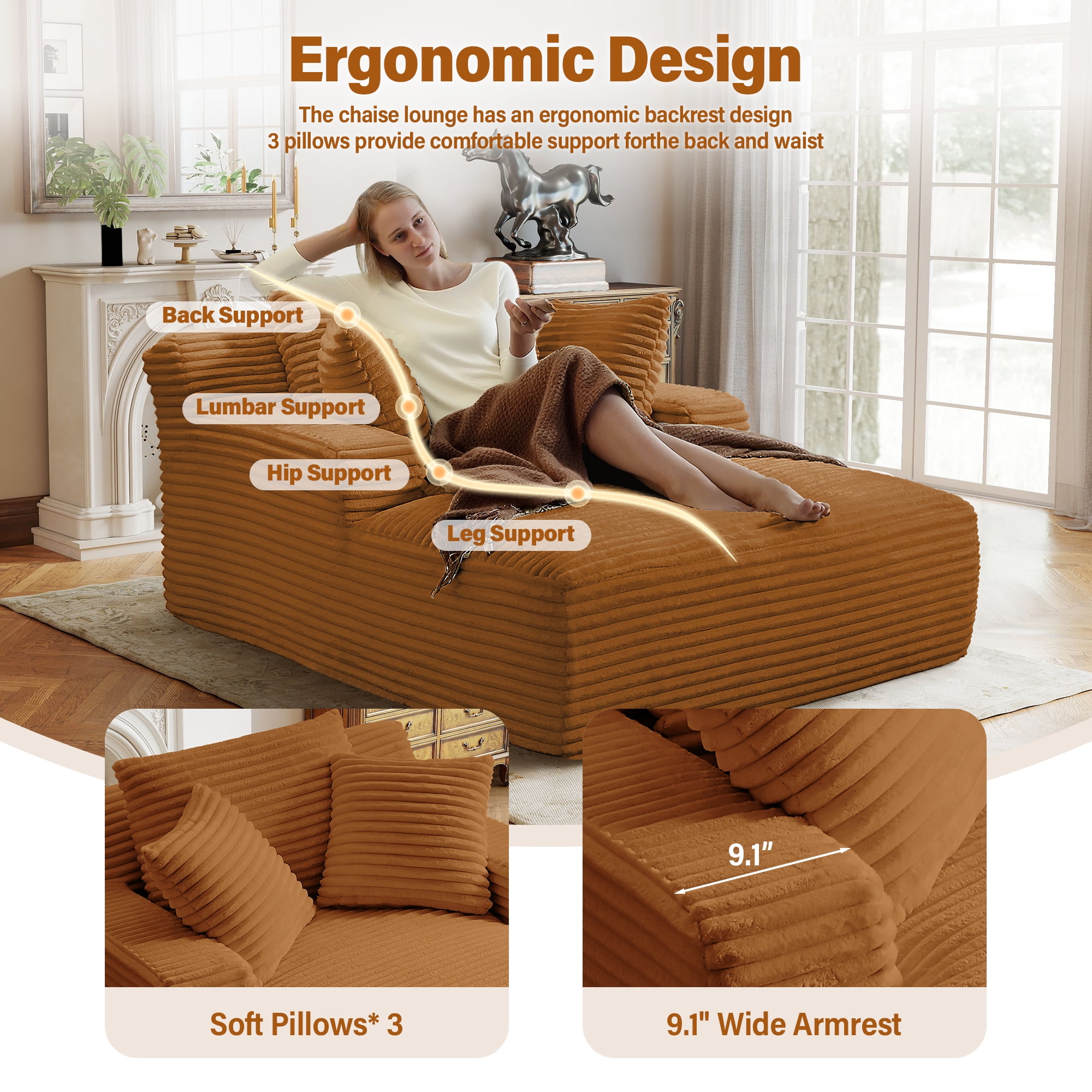 Aukfa Corduroy Chaise Lounge Chair, Oversized Indoor Lounger Floor Sofa Bed for Living Room, Bedroom, Small Space,Orange