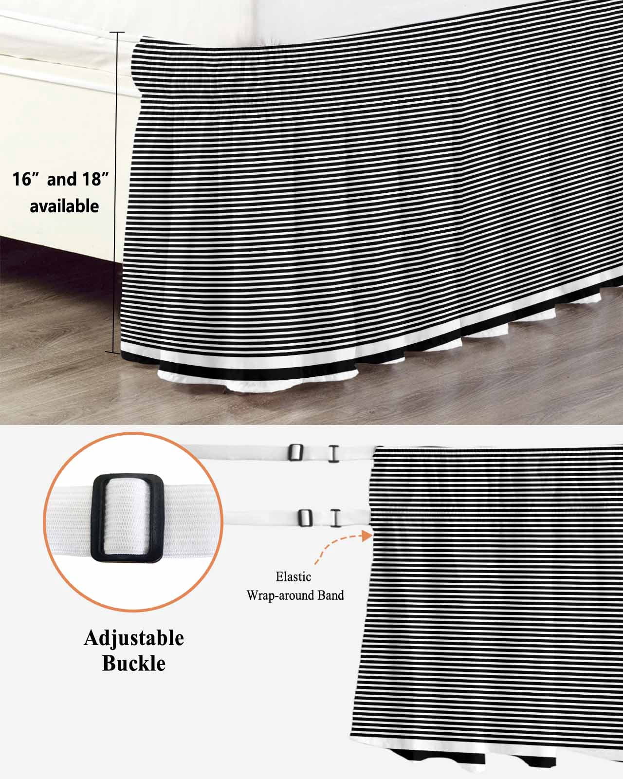 Farmhouse Black White Striped Bed Skirt King Size, Modern Stripes Wrap Around Bed Skirting with Adjustable Elastic Strap, Dust Ruffled Pleated Bedskirts 18 Inch Drop for Bedroom King Beds