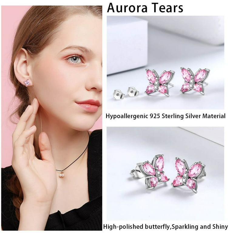 Petite Pink CZ Butterfly Silver Baby Safety Back Earrings- October Birthstone | Jewelry Vine
