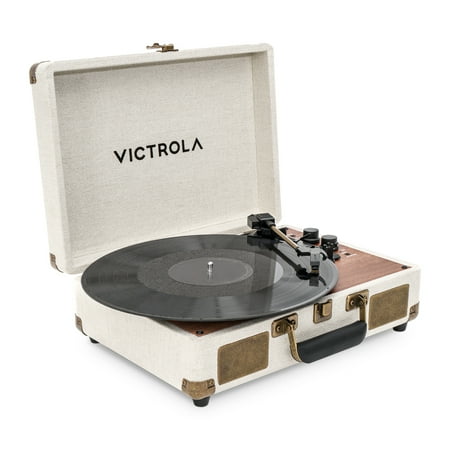 victrola venture bluetooth portable mid-century modern suitcase record player with 3-speed turntable & built-in speakers | oak
