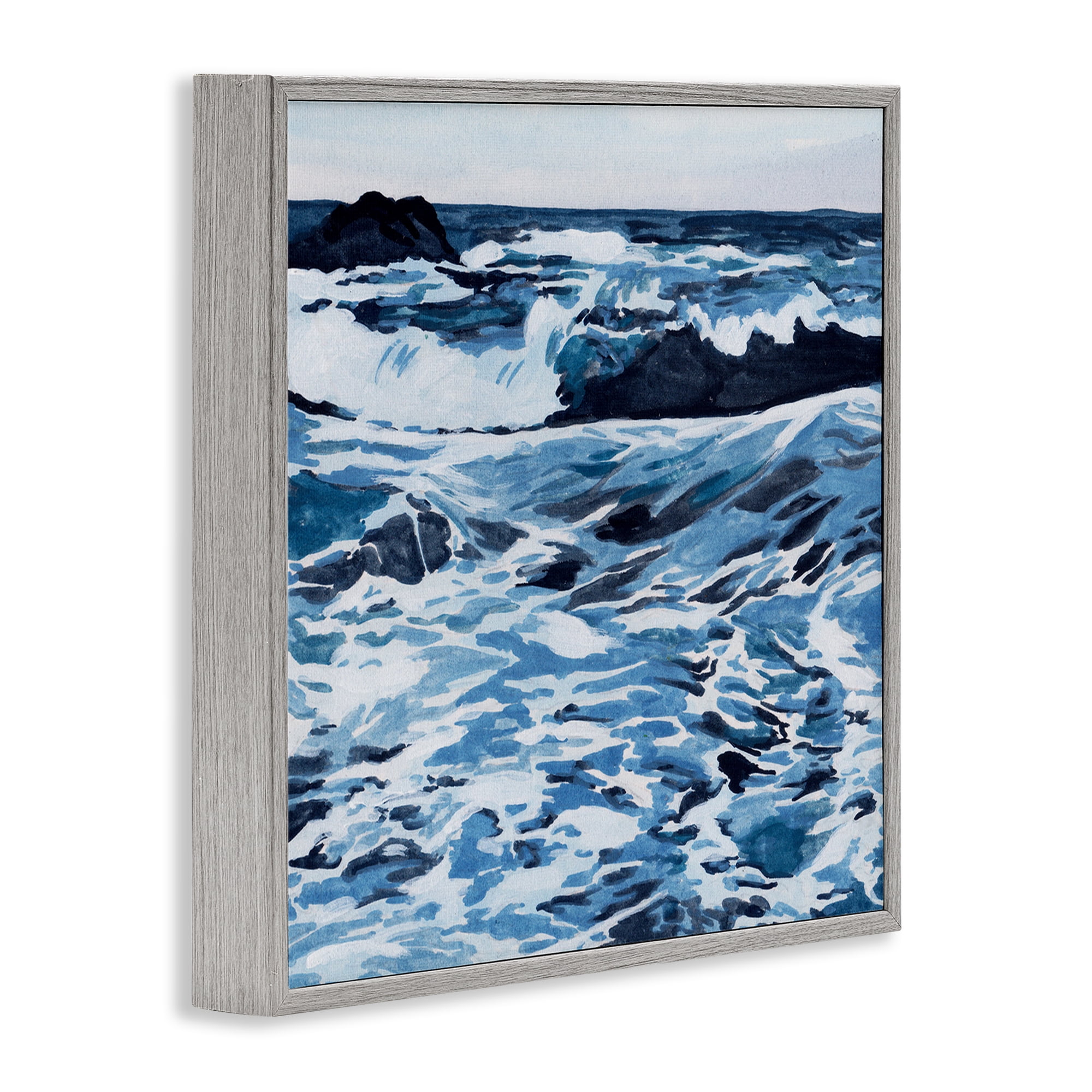 Stupell Industries Blue Coastal Waves Landscape Painting Gray Framed Art Print Wall Art, 12 x 12