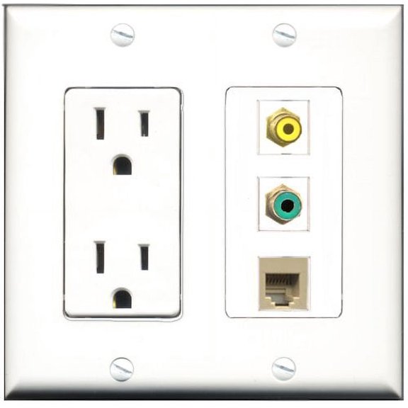 RiteAV - 15 Amp Power Outlet 1 Port RCA Yellow 1 Port RCA Green 1 Port Phone Beige Decorative Wall Plate