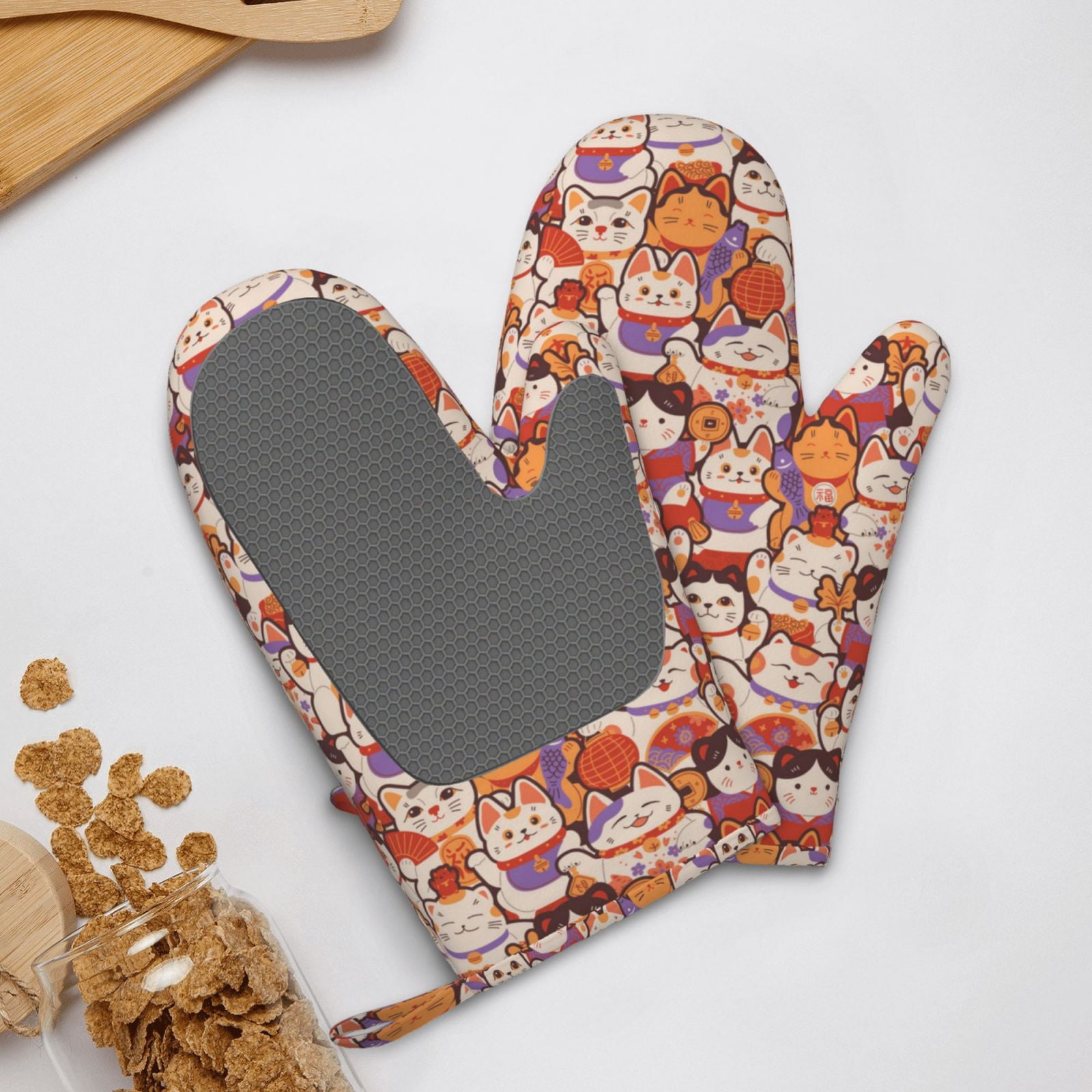 Hirioo Maneki-Neko Cats for Silicone Oven Mitts for BBQ, Baking, Cooking, Set of 2, Heat Resistant 260℃, Non-Slip Kitchen Essentials