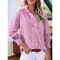 thumbnail image 5 of Women'S Plaid Ruffle V Neck Button Down Blouse Casual Long Sleeve Gingham Work Checkered Shirt Tops Pink M, 5 of 8