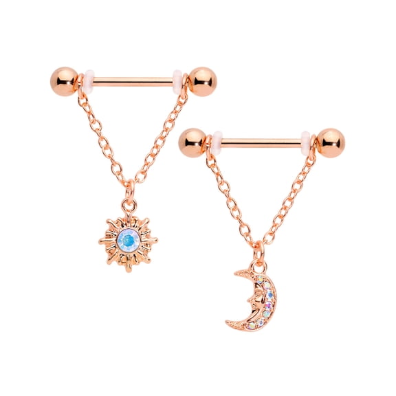 Body Candy 14G Womens Nipplerings Piercing Plated Steel 2Pc Rosy Moon Sun Chain Dangle Nipple Ring Set 5/8"