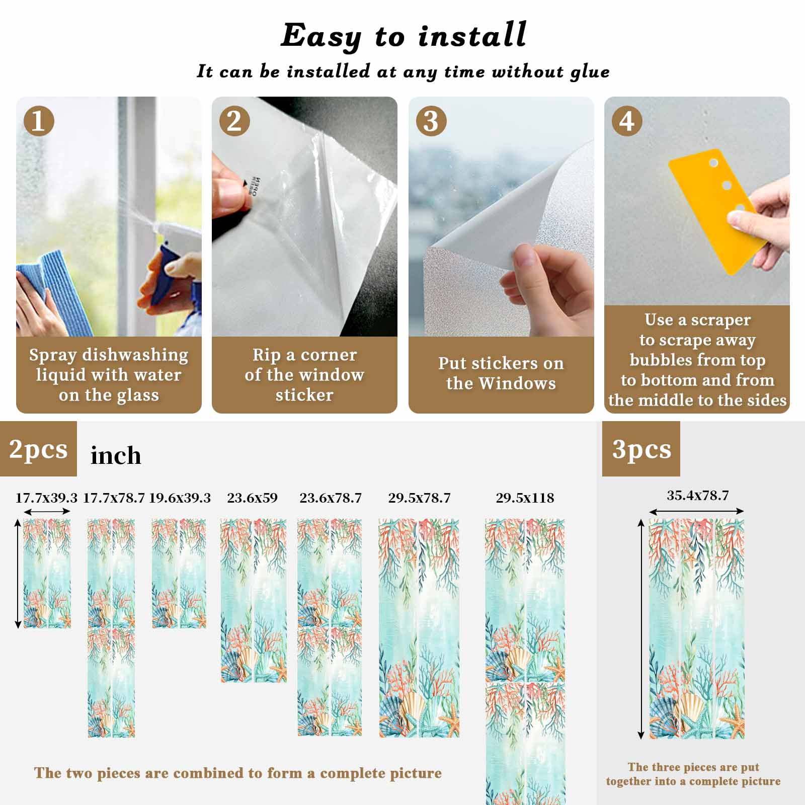 Ocean Starfish Seaweed Window Privacy Film, Summer Coastal Beach Shell Coral Teal Static Cling UV Sun Blocking Heat Control Window Tint Day and Night, Non-Adhesive One Way Privacy Cover 35.4''x78.7''