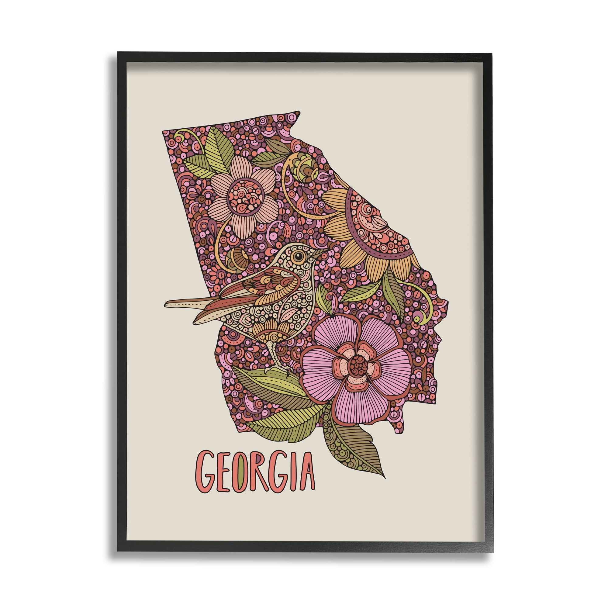 Stupell Industries Intricate Georgia State Bird & Flower Detailed Floral Design Graphic Art Black Framed Art Print Wall Art, Design by Valentina Harper