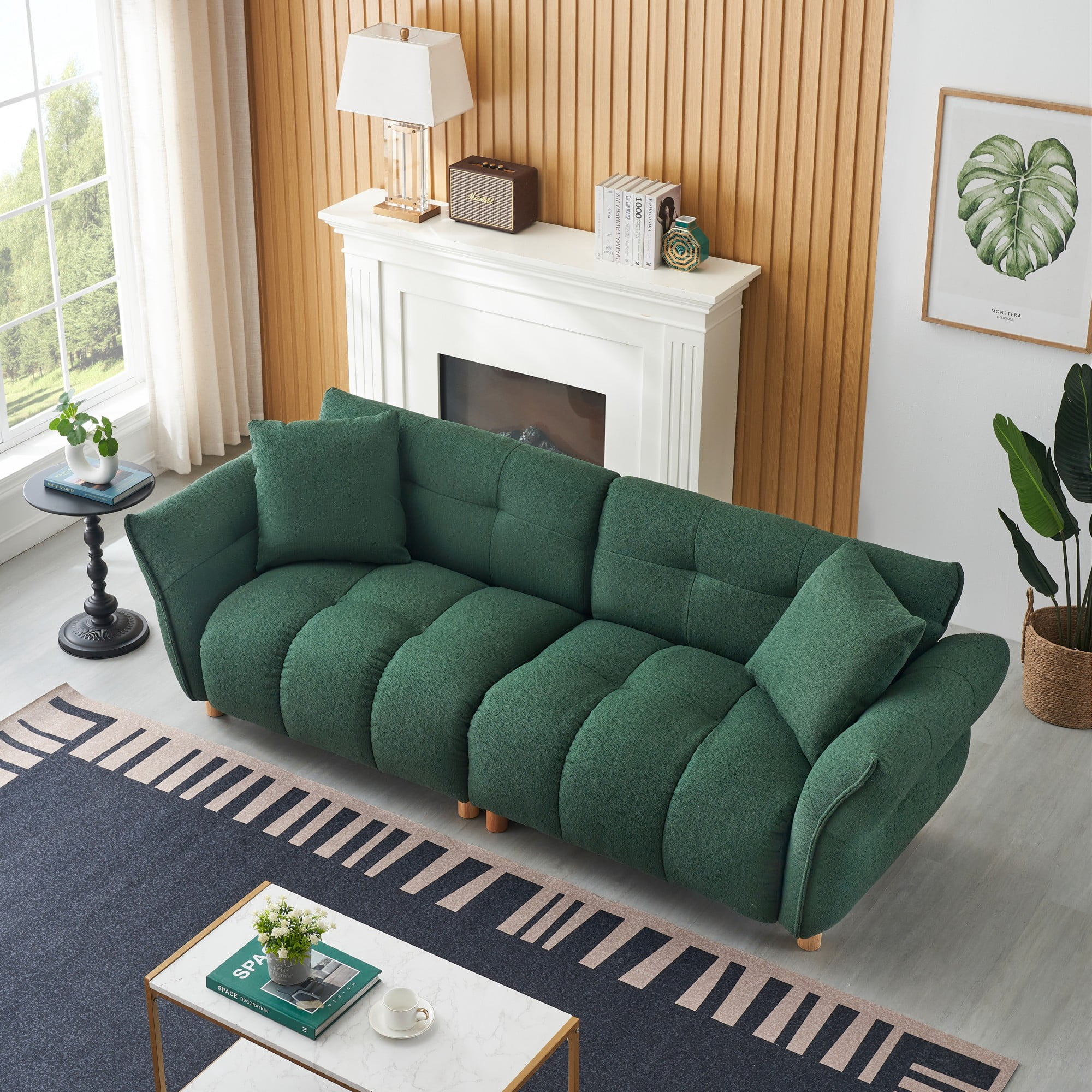 93" Sofa Couch for Living Room,Teddy Upholstered Sofa,3 Seater Couch with 2 Pillows for Apartment,Bedroom,Office,Green