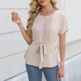 thumbnail image 2 of Besolor Womens Dressy Casual Blouses Summer Crewneck Short Sleeve Ruffle Shirts Pleated Tie Waist Going out Tops, 2 of 6
