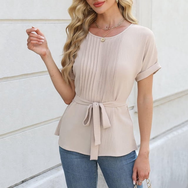Soki Womens Short Sleeve T Shirts Crewneck Tunic Pleated Summer Blouse