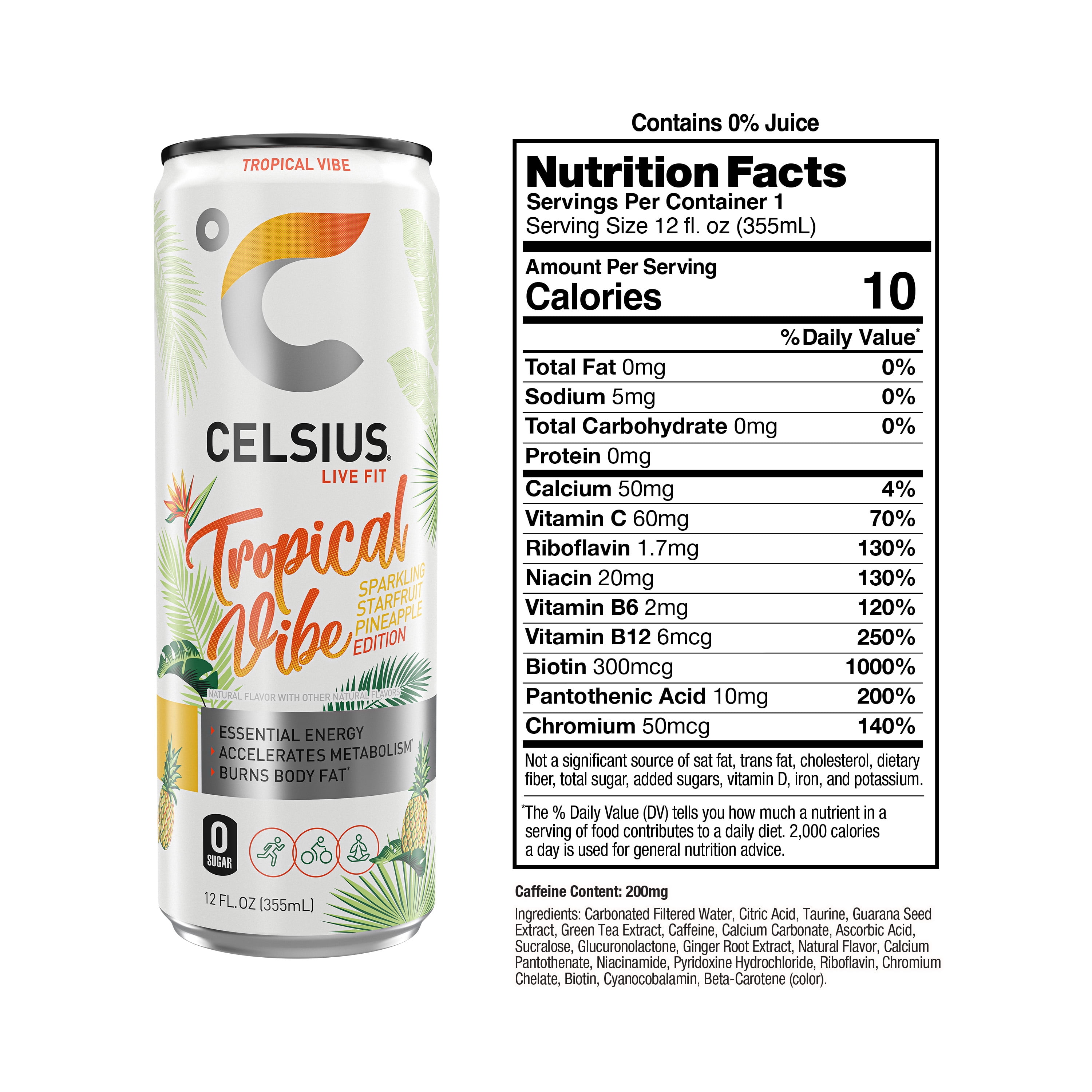 CELSIUS Sparkling Tropical Vibe, Functional Energy Drink 12 fl oz (Pack of 4)