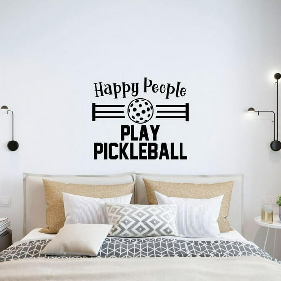 Happy People Play Pickleball Quote Ball Silhouette Vinyl Wall Sticker Wall Art Wall Decal Sports Living Room Garage Gym Design Pickleball Sports House Home Wall Sticker Decor Size (22x30 inch)