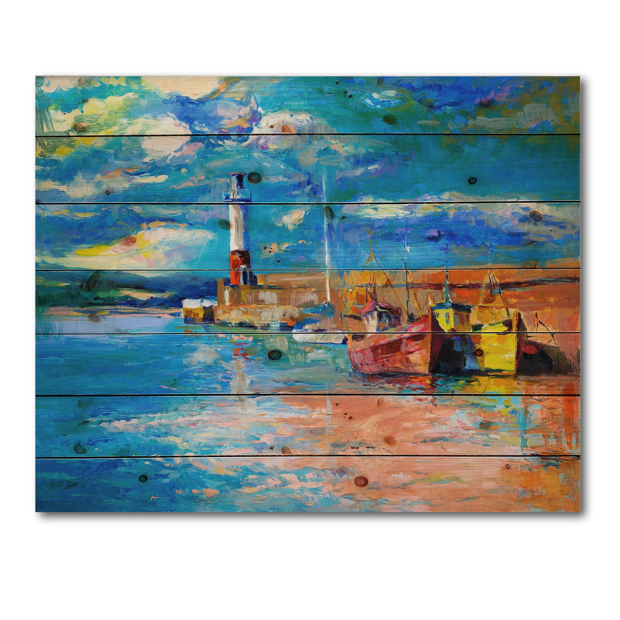 Designart 'Lighthouse By The Shore In Evening Glow ' Nautical & Coastal Print on Natural Pine Wood
