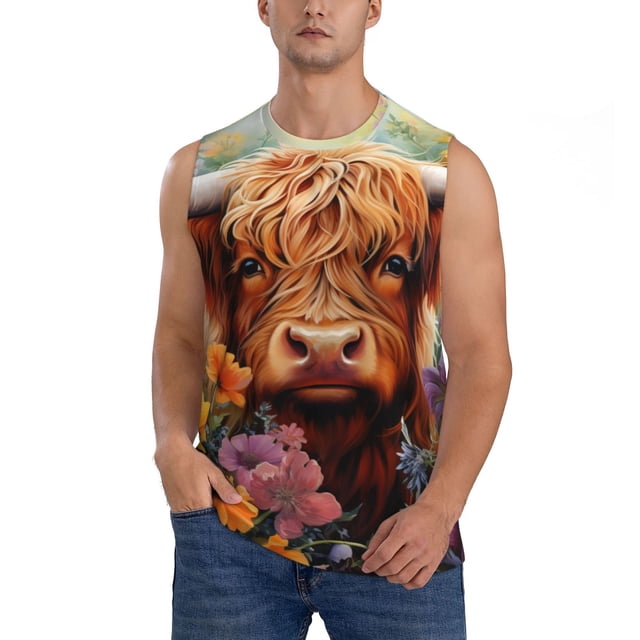 Balery Countryside Colorful Floral Cow Camisetas sin mangas para hombre, absorbe la humedad y protege contra el mal olor.-XX-Large