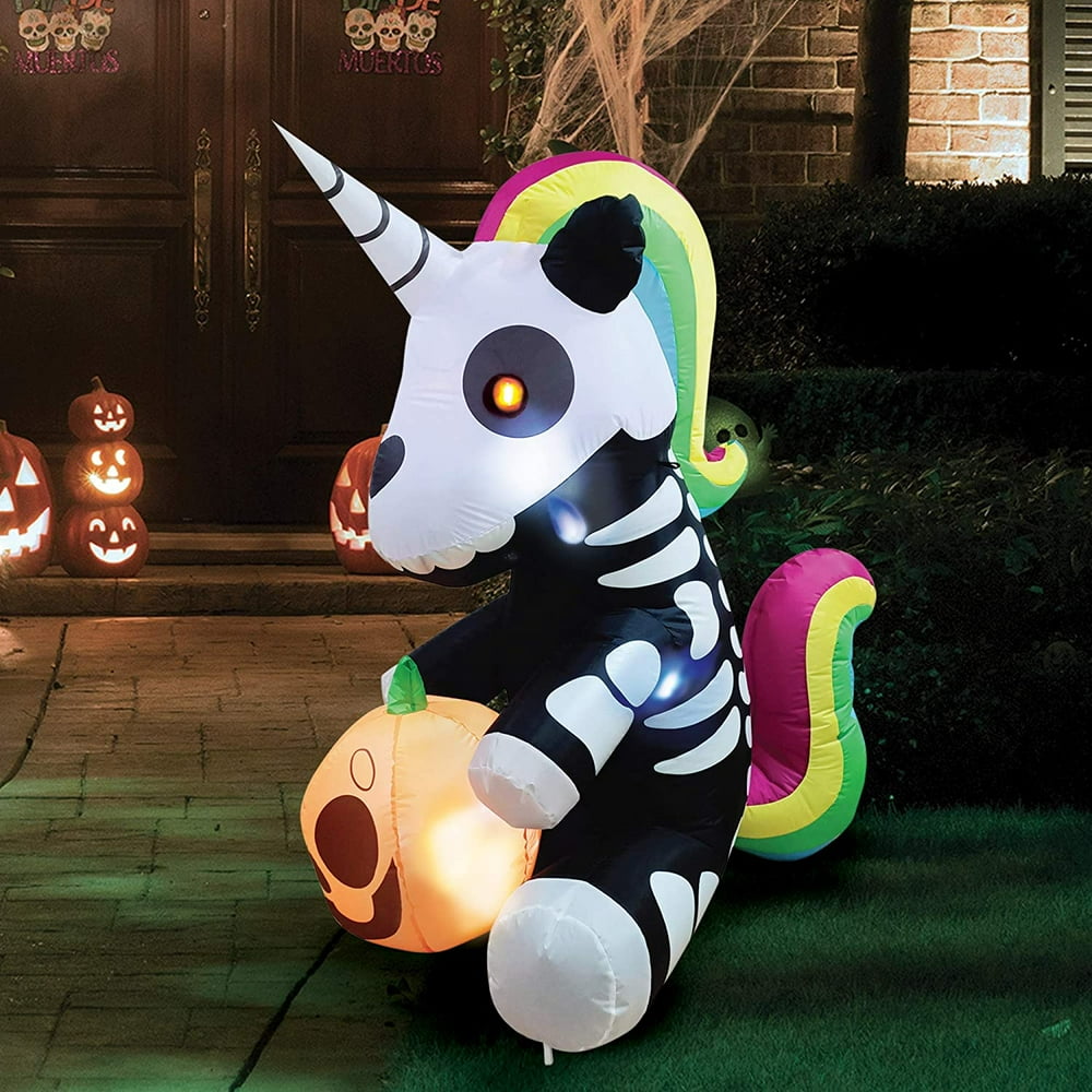 DecorX 5 FT Tall Halloween Inflatable Sitting Skeleton Unicorn Inflatable Yard Decoration with