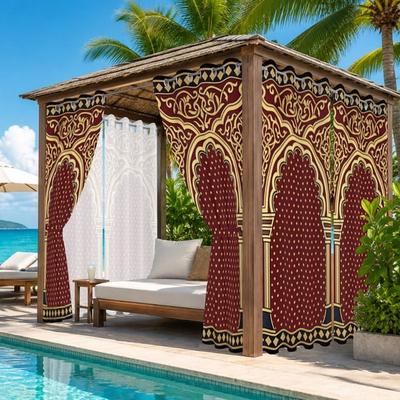 Double Arches Outdoor Curtains for Patio, Vintage Traditional Beige Brown Floral Vines Symmetrical Waterproof Outside Curtains Privacy Blackout Curtain for Pergola Cabana, 1 Panel 54W x 108L Inch