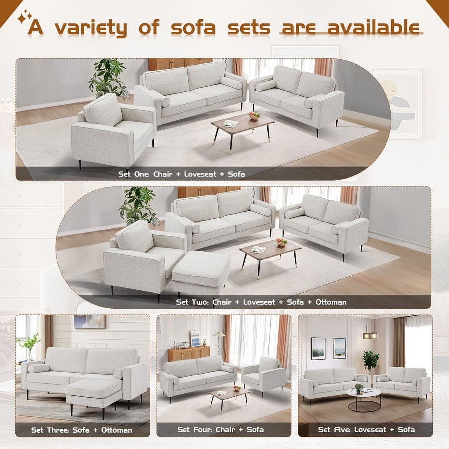 Muumblus 2 Pieces Living Room Sofa Set, Sofa and Loveseat Set, White Chenille
