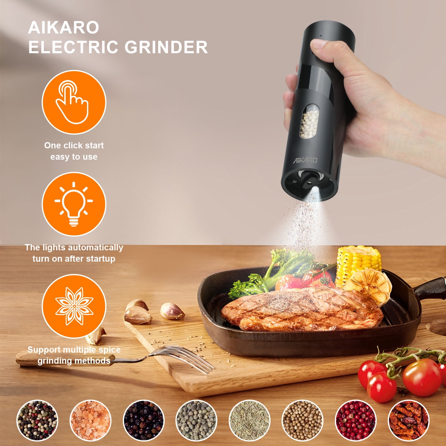 AIKARO - Electric Salt and Pepper Mill Automatic Spice Grinder, Rechargeable (Set)