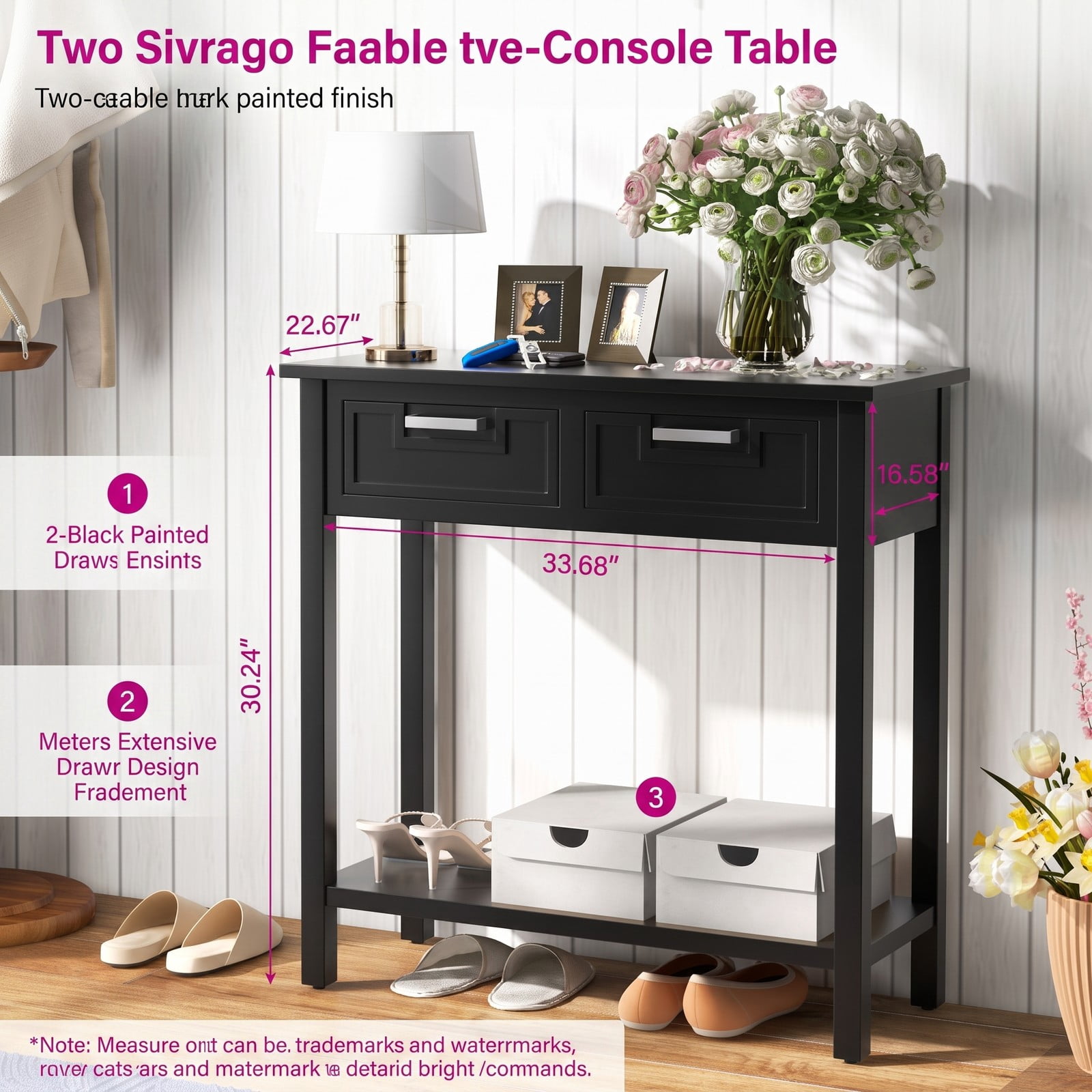 Furnibear Narrow Console Table with 2 Drawers and Open Storage Shelf and Solid Wood Legs for Small Entryway and Foyer, Black