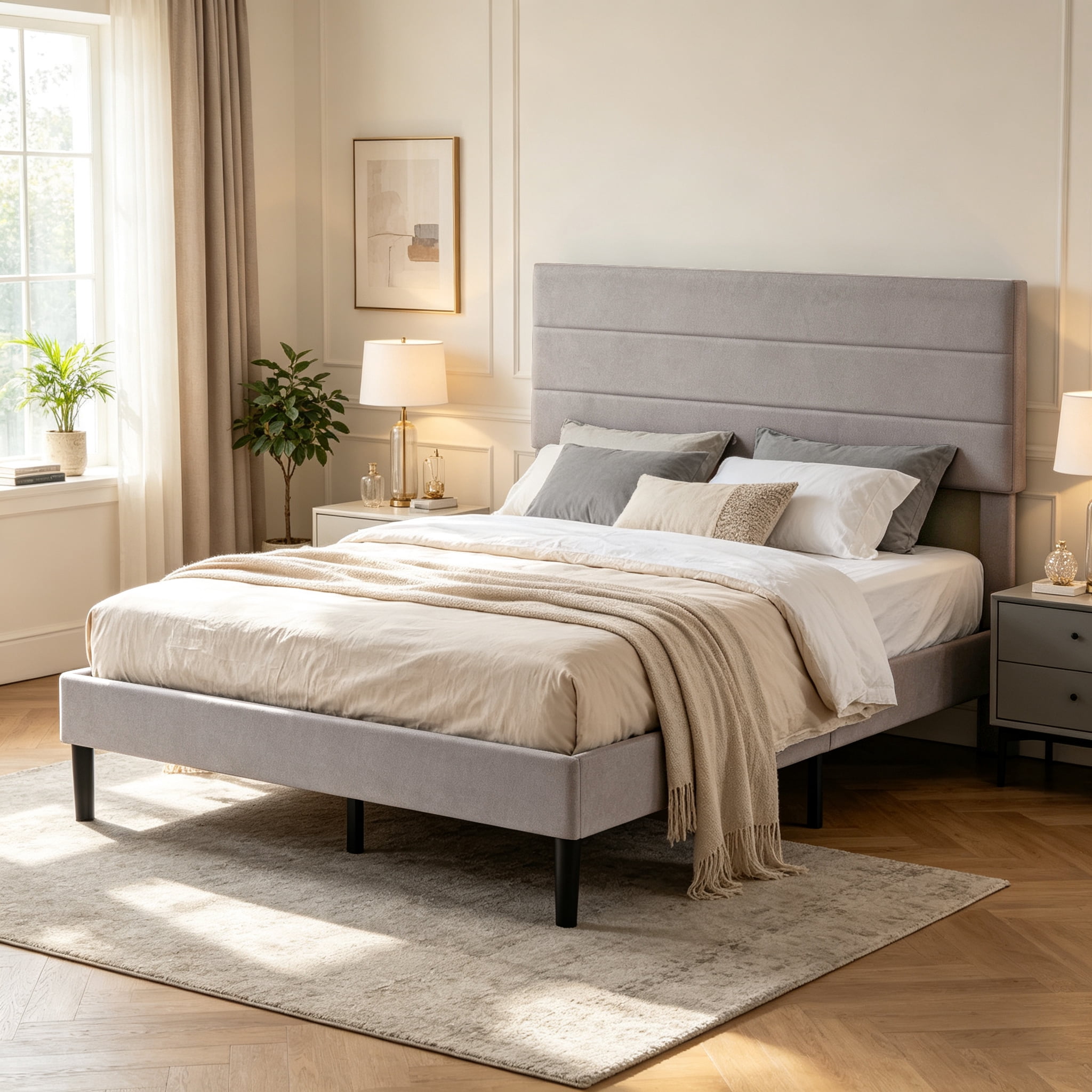 Gewnee Full Size Bed Frame,Upholstered Platform Bed Frame with Linen Blend Headboard,Wood Platform Bed,No Box Spring.Light Grey