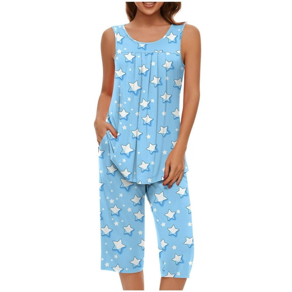 LEKDFST Women Pajamas Sets Loungewear Soft Sleepwear Two Piece Summer Sleeveless Pjs Tank Top Pants with Pocket Light Blue XL