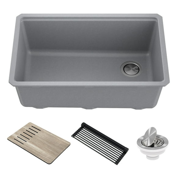 KRAUS Bellucci 30” in. Undermount Workstation Granite Kitchen Sink in Metallic Gray with Accessories