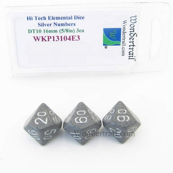 Hi Tech Elemental Dice with Silver Numbers 16mm (5/8in) DT10 Pack of 3 Wondertrail