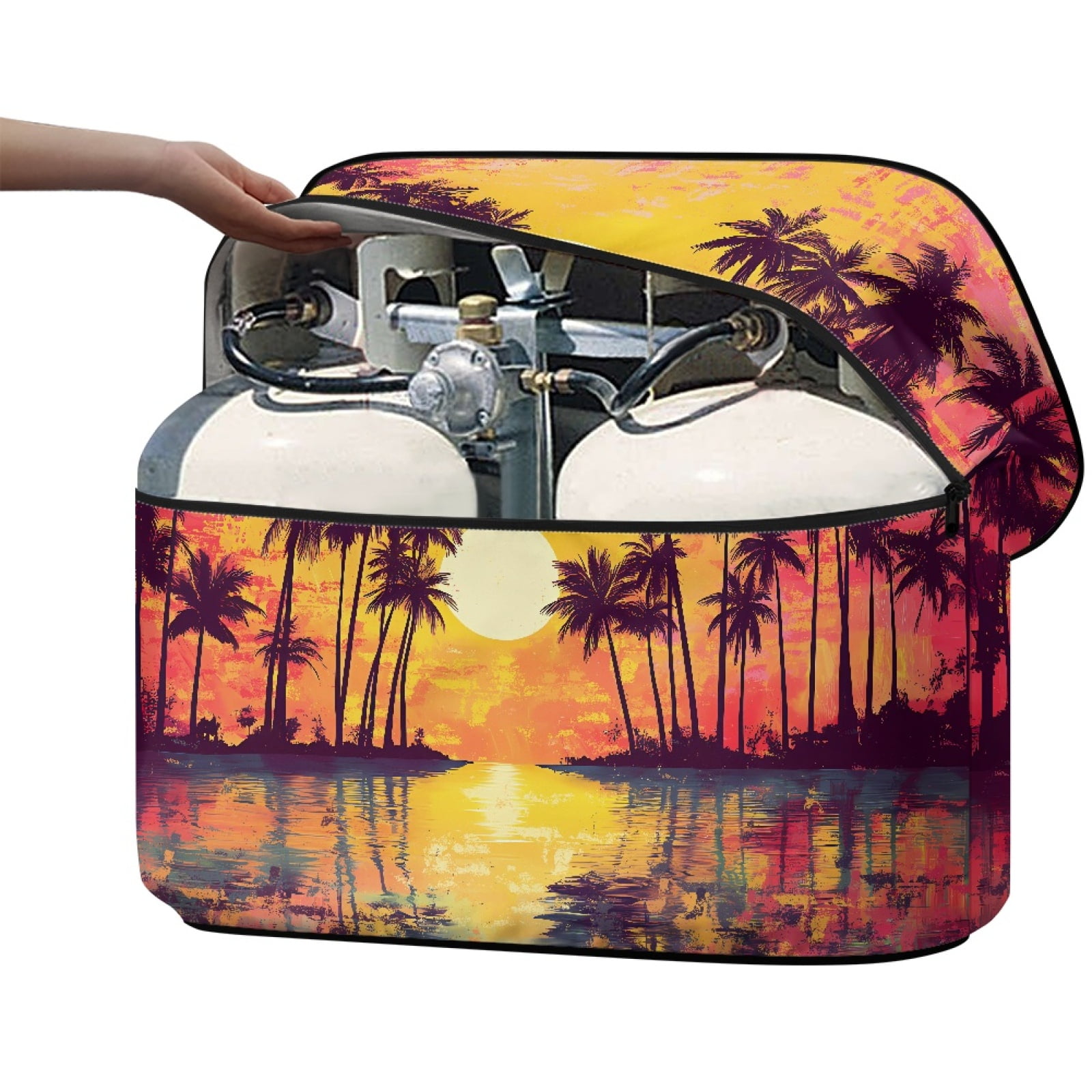 Yuyamidu Sunset Seaside RV Propane Tank Cover 20LB, Coconut Tree Camper Propane Tank Cover, Weather Resistant Sun Protection RV Trailer Travel Camper Accessories