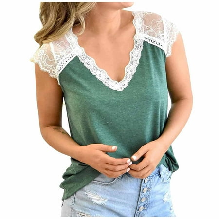 

〖Hellobye〗Women s Fashion Elegant V-neck Lace Printed Short Sleeve Casual Loose Cool Top