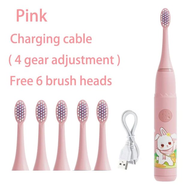Cepillo de dientes eléctrico para niños, dibujos animados, con cabezal de repuesto, ultrasónico, IPX7, resistente al agua, recargable, sónico