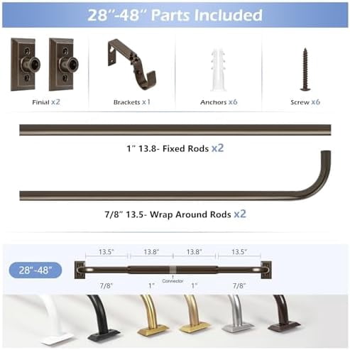 Bronze Wrap Around Curtain Rods 28 to 48 Inch:Blackout Heavy Duty Adjustable Window Curtain Rod Room Darkening,1Inch Modern Industrial Curved French Return Metal Drapery Rod Easy Install,Brown