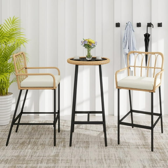 YIGOBUY 3 Pieces Patio Bar Table Set, Outdoor Wicker Bar, All Weather Height Bar Stools and Table Set, for Garden, Deck, Balcony