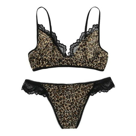 

Egmy women Lace Leopard Print Bra with Thong Sleepwear Lingerie Set S-2Xl