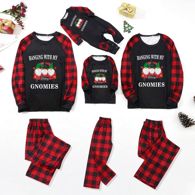 Penkiiy Ensembles de Pyjamas de Noël Assortis pour la Famille Blouse Imprimée Col Rond + Pantalons Ensemble de Pyjamas Assortis pour la Famille Noir-C Pyjamas de Noël